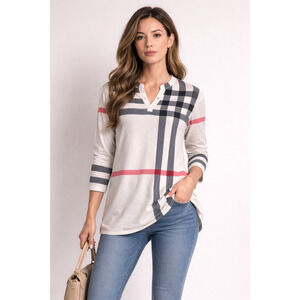 Ali Miles Tunic Size 3X Plaid Check Cream Red 3/4 Sleeves Lagenlook Flowy Preppy
